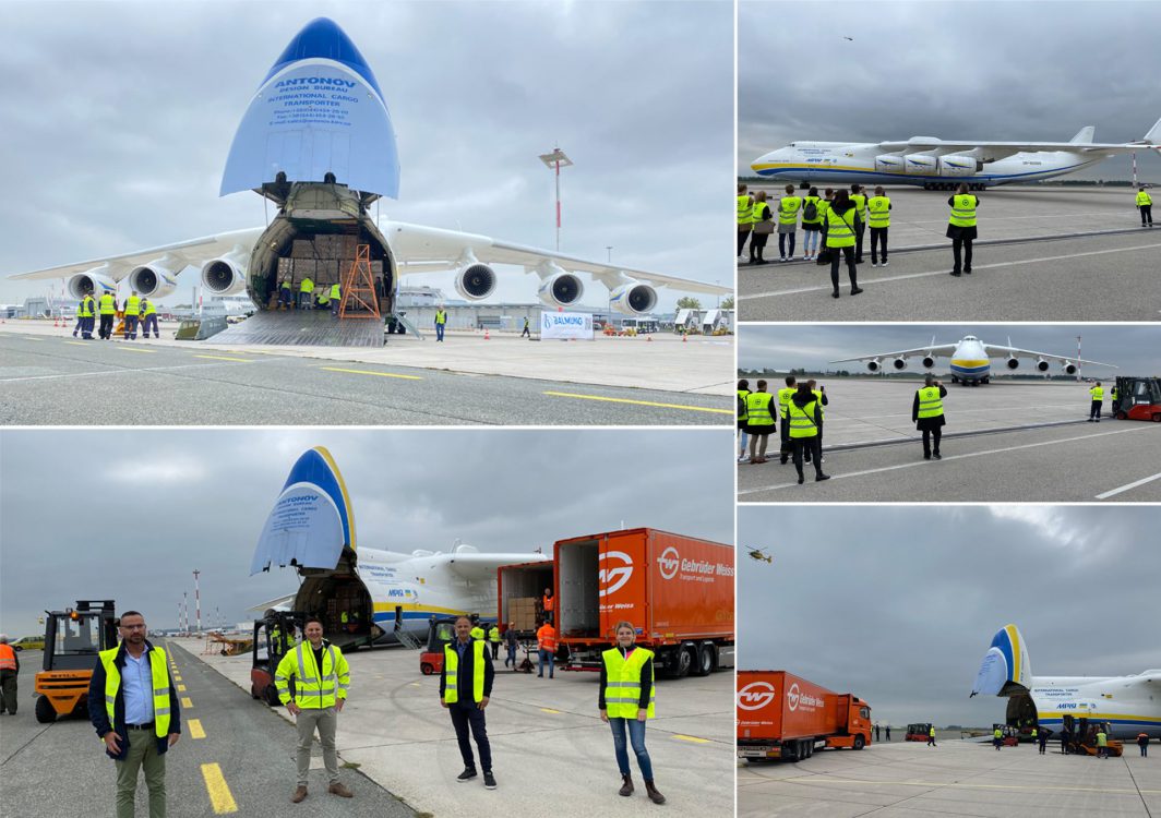 Collage of AN225 test kits being loaded into aircraft