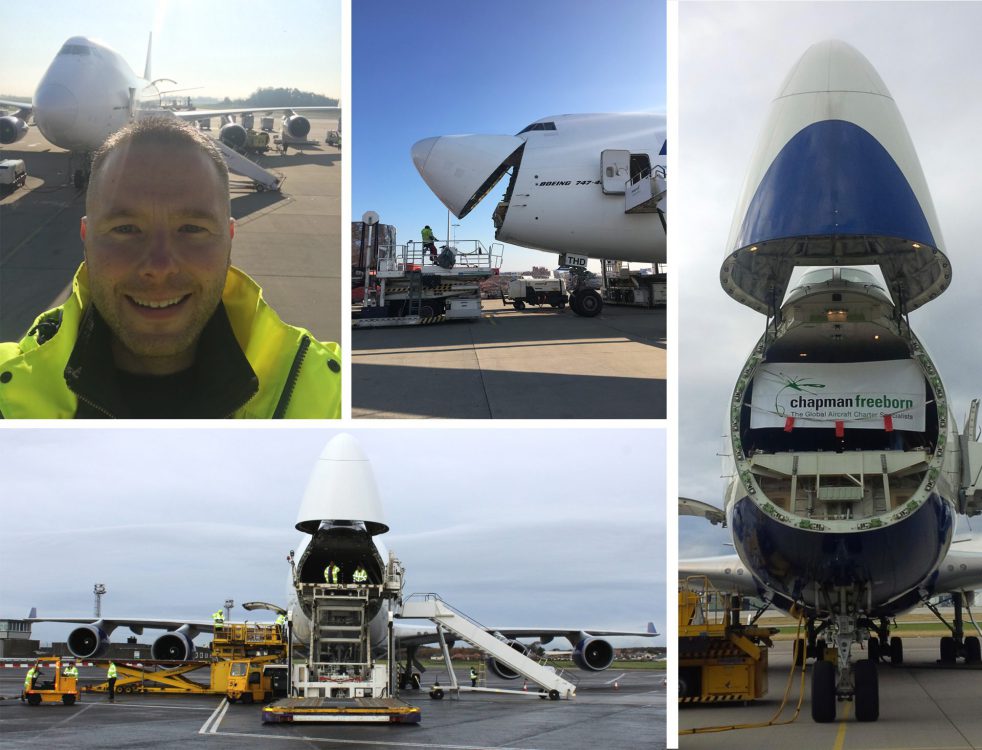 Collage of cargo being loaded into a cargo aircrfat