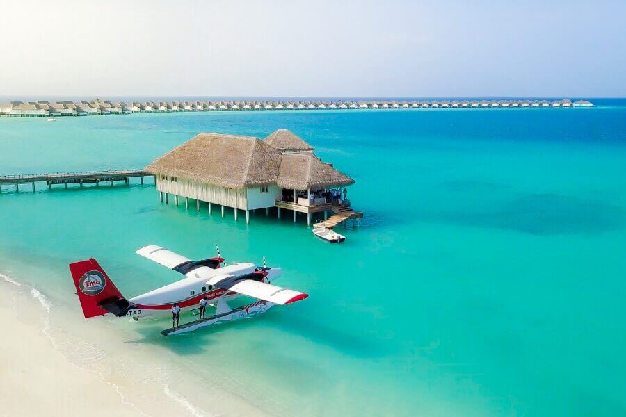 Sea plane landing on remote island