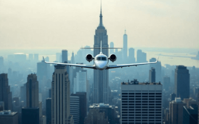 Private jet flying over New York City skyline, Group air charter heading for MICE event