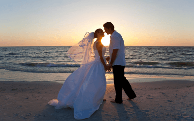Romantic sunset beach scene with a couple kissing, ideal destination for wedding group air charter in India 