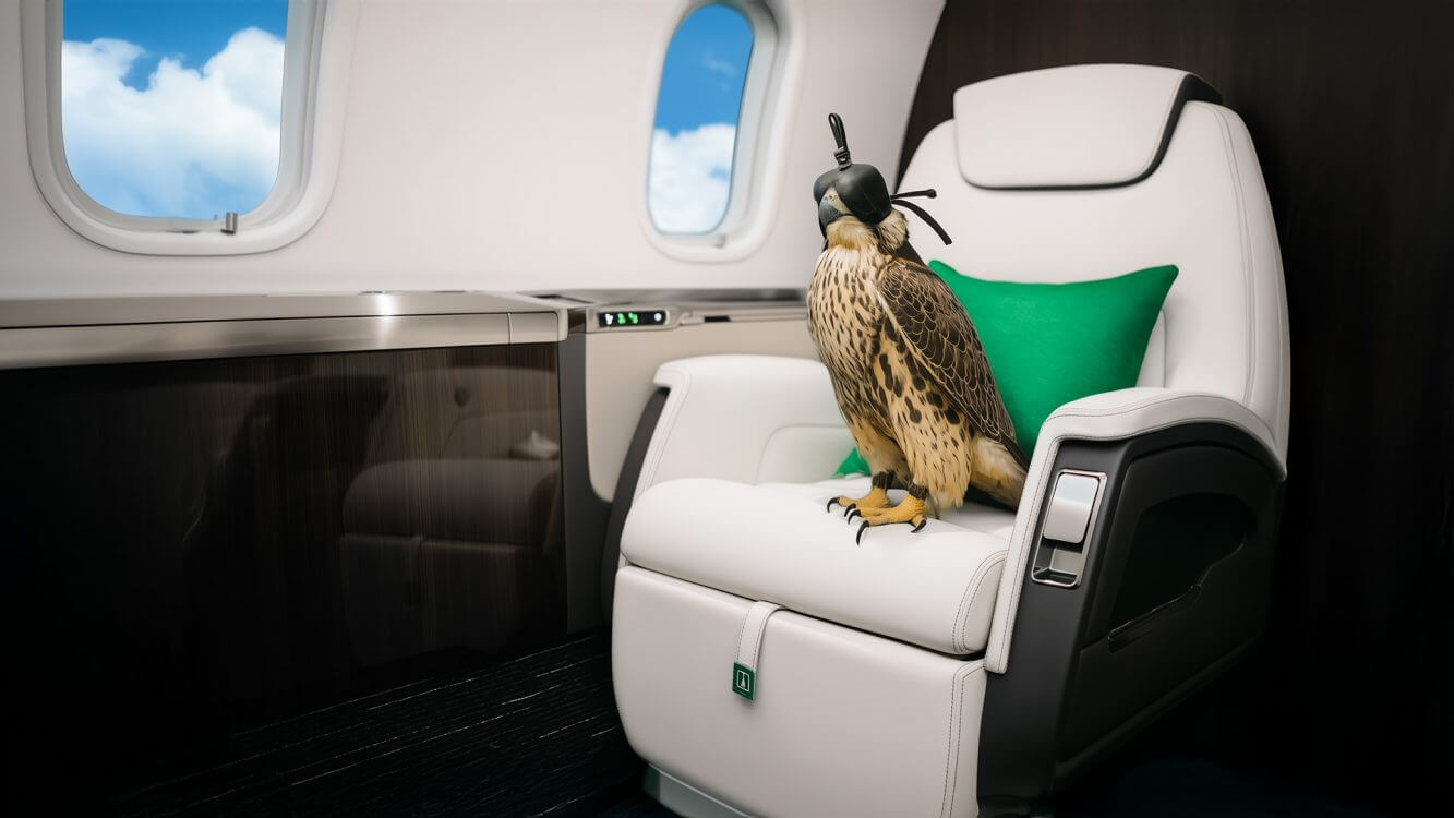 A falcon perched calmly inside a private jet cabin, with leather seating and soft lighting highlighting the luxurious interior.